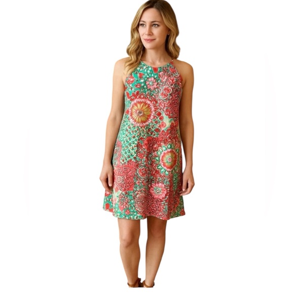 Jude Connally Abstract Medallion Print Coral Green Sz 14 Sheath Mini Dress USA - Picture 15 of 15